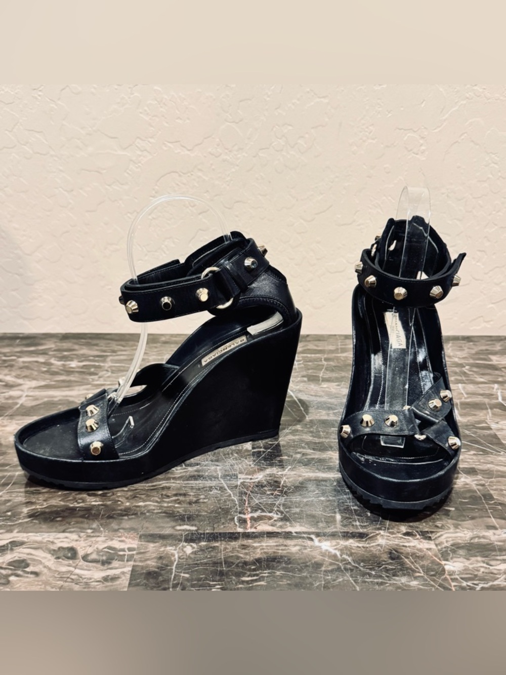 Balenciaga Black Leather Studded Wedge Sandals - Picture 15 of 16